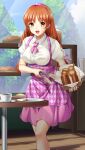  1girl :d bangs blush braid bread breasts brown_eyes brown_hair checkered_apron collared_shirt doukyuusei doukyuusei_another_world dress_shirt eyebrows_visible_through_hair food freckles game_cg hairband holding large_breasts leaning_forward long_hair long_sleeves low_twintails medium_skirt nishina_kurumi official_art open_mouth pink_hairband pink_skirt purple_apron shiny shiny_hair shirt skirt smile solo standing twin_braids twintails very_long_hair white_shirt wing_collar 