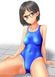  1girl absurdres black-framed_eyewear black_eyes black_hair blue_swimsuit breasts clothes_writing collarbone commentary_request cowboy_shot glasses highres looking_at_viewer medium_breasts original parted_lips short_hair simple_background sitting solo speedo_(company) swimsuit takafumi tile_floor tiles white_background 