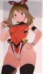  1girl adapted_costume armband breasts brown_hair closed_mouth covered_navel covered_nipples cowboy_shot grey_background hand_on_hip highleg highleg_leotard holding leotard looking_at_viewer may_(pokemon) poke_ball pokemon pokemon_(game) pokemon_oras red_leotard silver_eyes small_breasts solo spring2013 standing thighhighs 