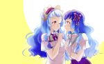  2girls :o ;o aikatsu!_(series) aikatsu_friends! bare_shoulders blouse blue_hair blush bow bowtie clothing_cutout finger_to_mouth from_side gradient_hair headdress high-waist_skirt highres index_finger_raised long_hair looking_at_another multicolored multicolored_background multicolored_eyes multicolored_hair multiple_girls oka_paya one_eye_closed open_mouth purple_bow purple_eyes purple_skirt shadow shirayuri_kaguya shirayuri_sakuya short_sleeves shoulder_cutout shushing siblings sideways_mouth simple_background sisters skirt twins two-tone_background upper_body wavy_hair white_background white_blouse white_bow yellow_background yellow_eyes 