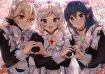  3girls absurdres alternate_costume bangs blue_hair brown_eyes byleth_(fire_emblem) byleth_(fire_emblem)_(female) cappu commentary corrin_(fire_emblem) corrin_(fire_emblem)_(female) crossed_arms enmaided eyebrows_visible_through_hair fire_emblem fire_emblem:_three_houses fire_emblem_awakening fire_emblem_fates gem hair_between_eyes heart heart_hands heart_hands_duo highres huge_filesize long_hair looking_at_viewer maid maid_headdress medium_hair multiple_girls open_mouth orange_eyes purple_eyes rainbow robin_(fire_emblem) robin_(fire_emblem)_(female) silver_hair smile twintails 