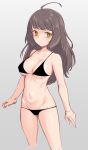  1girl absurdres alternate_hair_length alternate_hairstyle bangs bikini black_bikini blunt_bangs breasts brown_hair cleavage closed_mouth cropped_legs eyebrows_visible_through_hair grey_background highres kantai_collection kishinami_(kancolle) long_hair medium_breasts no_pupils simple_background sketch solo swimsuit yellow_eyes yuki_to_hana 