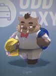  2021 anthro backpack bottomwear bow_tie brown_body brown_fur clothing fur hi_res kemono kensuke_shibagaki_(odd_taxi) lagoon_bluebear male mammal odd_taxi pants shirt slightly_chubby solo suid suina sus_(pig) text topwear wild_boar 