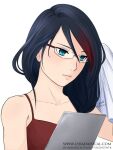  1girl aqua_eyes black_hair collarbone eyelashes focus frown glasses handkerchief highlights holding holding_handkerchief holding_towel ipad lyradaisical miraculous_ladybug multicolored_hair nathalie_sancoeur office_lady red_hair secretary serious signature streaked_bangs streaked_hair tablet_pc tank_top towel white_background wiping_sweat 