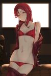  1girl arm_support bow bow_panties bra breasts cowboy_shot gym_storeroom hair_between_eyes head_tilt highres indoors jacket long_hair looking_at_viewer love_live! love_live!_sunshine!! nasuno_(nasuno42) navel off_shoulder open_clothes open_jacket panties red_bra red_hair red_jacket red_panties sakurauchi_riko side-tie_panties sitting small_breasts smile solo standing track_jacket track_suit underwear yellow_eyes 
