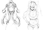  2girls ahoge bangs breasts cleavage closed_eyes double_bun glasses grin hair_between_eyes hairband hand_on_hip highres kantai_collection kongou_(kancolle) large_breasts lineart long_hair multiple_girls musashi_(kancolle) nude panties simple_background smile sports_bra traditional_media tsuji_kazuho twintails underwear 