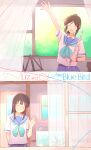  2girls absurdres arm_up black_hair blue_hair blue_neckwear blue_sailor_collar blue_skirt blush classroom closed_eyes closed_mouth curtains door fish_tank flute head_tilt hibike!_euphonium highres holding holding_instrument indoors instrument kasaki_nozomi kitauji_high_school_uniform liz_to_aoi_tori long_hair multiple_girls music_stand neckerchief open_mouth pleated_skirt sailor_collar sawara65 school school_uniform serafuku shirt short_sleeves skirt smile standing watch waving white_shirt window yoroizuka_mizore 