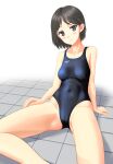  1girl absurdres black_eyes black_hair black_swimsuit breasts clothes_writing collarbone commentary_request cowboy_shot highres looking_at_viewer medium_breasts original parted_lips short_hair simple_background sitting solo speedo_(company) swimsuit takafumi tile_floor tiles white_background 