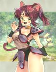  1girl animal_ears arm_up armor belt black_panties bracer breastplate breasts brown_hair brown_shirt cat_ears cat_tail claw_pose cleavage facial_mark forehead_jewel forest green_eyes highres kouryuu_densetsu_villgust long_hair minaminamina nature open_mouth outdoors panties pauldrons ryuquir_(villgust) shirt shoulder_armor smile solo strapless_shirt tail thighs tree underwear 