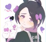  1boy ahoge alcremie allister_(pokemon) black_hair blush bow collared_shirt fflora gen_8_pokemon gym_leader hair_bow heart holding holding_pokemon long_sleeves looking_at_viewer looking_back male_focus parted_lips pokemon pokemon_(creature) pokemon_(game) pokemon_swsh purple_bow purple_eyes shirt simple_background sparkle suspenders sweatdrop symbol_commentary white_background 