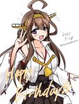  1girl ahoge boots brown_hair commentary_request cowboy_shot dated detached_sleeves double_bun hairband hakama_skirt happy_birthday headgear highres japanese_clothes kantai_collection kisaragi_mizuto kongou_(kancolle) long_hair looking_at_viewer remodel_(kantai_collection) ribbon-trimmed_sleeves ribbon_trim simple_background solo thigh_boots thighhighs twitter_username white_background 