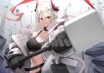  1girl absurdres arknights bangs bare_shoulders black_choker black_gloves breasts choker cleavage cno collarbone commentary crop_top gloves hair_between_eyes hammer highres holding holding_hammer holding_weapon horns large_breasts long_hair looking_at_viewer midriff mudrock_(arknights) navel off_shoulder oripathy_lesion_(arknights) pointy_ears red_eyes silver_hair solo sports_bra stomach upper_body weapon 