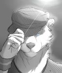  absurd_res anthro black_and_white blue_eyes clothed clothing ear_piercing ear_ring echo_(game) echo_(series) echo_project half-closed_eyes hat headgear headwear hi_res looking_at_viewer lutrine male mammal monochrome mustelid narrowed_eyes nekku_guy piercing simple_background smile solo sydney_bronson video_games visual_novel wristband 