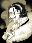  1boy cigar coat earrings jewelry male_focus mouth_hold multiple_rings one_piece open_mouth pigeon666 profile ring signature sir_crocodile smoking solo spot_color stitched_face 