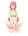  1girl akashi_(kancolle) bare_arms bare_legs bare_shoulders barefoot bikini blush breasts cleavage collarbone eyebrows_visible_through_hair green_bikini green_eyes hair_between_eyes hair_ribbon highres kantai_collection large_breasts long_hair navel pink_hair red_ribbon ribbon simple_background solo swimsuit tress_ribbon white_background yuuji_(and) 