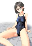  1girl absurdres black-framed_eyewear black_eyes black_hair black_swimsuit breasts clothes_writing collarbone commentary_request cowboy_shot glasses highres looking_at_viewer medium_breasts original parted_lips short_hair simple_background sitting solo speedo_(company) swimsuit takafumi tile_floor tiles white_background 