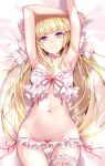  1girl armpits arms_up bangs bed_sheet bemani blonde_hair blunt_bangs bow bra breasts eyebrows_visible_through_hair hair_between_eyes hair_bow highres kie_(yospcd) kougei_ciel_nana long_hair looking_at_viewer lying medium_breasts navel on_back panties purple_eyes sidelocks smile solo sound_voltex thigh_strap underwear white_bra white_panties 