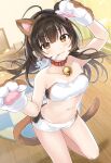  1girl ahoge animal_ears animal_print arms_up bandeau bare_arms bare_shoulders breasts brown_eyes brown_hair cat_ears cat_girl cat_print cat_tail fake_animal_ears fake_tail gloves leg_up long_hair looking_at_viewer medium_breasts micro_shorts midriff navel original paw_gloves paws short_shorts shorts smile solo stomach strapless tail tan_(tangent) thighs tubetop underwear underwear_only v-shaped_eyebrows white_shorts 