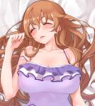  1girl bed_sheet blush breasts brown_hair cleavage closed_eyes frilled_swimsuit frills hair_spread_out hand_up konoe_kanata large_breasts long_hair love_live! love_live!_nijigasaki_high_school_idol_club lying nasuno_(nasuno42) on_back on_bed one-piece_swimsuit parted_lips purple_swimsuit solo strap_slip sweat swimsuit 