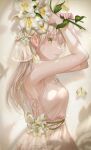  1girl absurdres arms_up bare_shoulders blonde_hair blush breasts bug butterfly cleavage dress flower green_eyes hair_flower hair_ornament highres holding holding_flower insect lily_(flower) long_hair looking_at_viewer original parted_lips pink_dress solo standing tokkyu white_background white_flower 