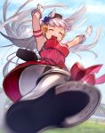  1girl animal_ears armpits arms_up bangs blunt_bangs brown_headwear dress drop_kick duplicate flying_kick gloves gold_ship_(umamusume) grey_hair hat highres horse_ears horse_girl horseshoe kicking long_hair mini_hat open_mouth outdoors pantyhose pillbox_hat pixel-perfect_duplicate red_dress sleeveless sleeveless_dress smile solo tsunakawa twitter_username umamusume white_gloves white_legwear 