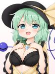  1girl :d bangs black_bra black_headwear blue_eyes bra breasts cleavage eyebrows_visible_through_hair gradient gradient_background green_hair hands_on_own_chest hat hat_ribbon highres komeiji_koishi large_breasts long_sleeves looking_at_viewer open_clothes open_mouth open_shirt ribbon short_hair smile smug solo suwa_yasai third_eye touhou underwear upper_body wide_sleeves yellow_ribbon 