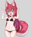  1girl animal_ears bangs bikini black_bikini blue_eyes blush breasts cowboy_shot fang hair_ornament hairband hairclip looking_at_viewer navel nyifu open_mouth original red_hair simple_background skindentation small_breasts solo standing swimsuit tail thigh_gap w_arms wolf_ears wolf_girl wolf_tail 