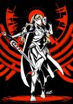  anankos armor automatic_giraffe barefoot black_background cape corrin_(fire_emblem) corrin_(fire_emblem)_(female) corruption dark_persona evil_smile fire_emblem fire_emblem_fates gloves holding holding_mask holding_sword holding_weapon long_hair mask nintendo pointy_ears possessed red_eyes smile standing sword weapon 