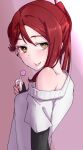  1girl :p bare_shoulders candy earrings fingerless_gloves food from_behind gloves hair_between_eyes highres jewelry jitome lollipop long_hair looking_at_viewer looking_back love_live! love_live!_sunshine!! nasuno_(nasuno42) pink_background ponytail red_hair sakurauchi_riko short_sleeves smile solo sweater tongue tongue_out upper_body white_sweater yellow_eyes 