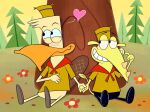  &lt;3 2021 4_fingers anthro anti_dev beak blush camp_lazlo cartoon_network clam_(camp_lazlo) clothed clothing duo edward_platypus fingers flower forest grin half-closed_eyes hand_holding hand_on_stomach hat headgear headwear hi_res horn looking_at_another male male/male mammal monotreme narrowed_eyes outside plant platypus rhinocerotoid scout_uniform sitting smile teeth tree 