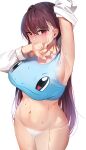  1girl arm_up bikini bikini_bottom blush breasts covering_mouth damda fate/grand_order fate_(series) gen_1_pokemon hair_intakes large_breasts long_sleeves looking_at_viewer navel pokemon purple_hair red_eyes scathach_(fate) scathach_(fate)_(all) squirtle sweat swimsuit themed_object 