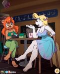  animaniacs anthro barefoot bimbette breasts cafe cleavage cleavage_cutout clothed clothing coffee_mug dress duo feet female furboz julie_bruin mammal mephitid minerva_mink mink mustelid musteline skunk tiny_toon_adventures true_musteline ursid warner_brothers 