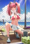  1girl absurdres armpits arms_up azur_lane ball bangs bikini bikini_under_clothes blue_sky breasts bremerton_(azur_lane) bremerton_(scorching-hot_training)_(azur_lane) chain-link_fence cloud crop_top day eyebrows_visible_through_hair fence grey_hair hair_intakes hair_ornament hairclip highres large_breasts lens_flare long_hair looking_at_viewer midriff miniskirt mouth_hold multicolored_hair navel official_alternate_costume outdoors pink_bikini pink_eyes pink_hair racket shoes skirt skirt_set sky sneakers solo stomach streaked_hair swimsuit tennis_ball tennis_racket thighs twintails white_skirt yuxing_yuhang 