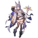 1girl alpha_transparency armpits bangs black_footwear black_legwear blue_hair boots breasts cleavage dress erune eyebrows_visible_through_hair full_body gloves granblue_fantasy hair_ornament holding holding_staff holding_weapon jacket medium_breasts minaba_hideo official_art purple_eyes short_dress short_hair simple_background solo staff thigh_gap thighhighs thighs tikoh transparent_background weapon white_gloves zettai_ryouiki 