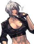  abs angel_(kof) blue_eyes bra breasts cleavage collarbone cropped_jacket finger_licking fingerless_gloves gloves hair_over_one_eye jacket large_breasts leather leather_jacket licking midriff navel snk strapless strapless_bra syachiiro the_king_of_fighters the_king_of_fighters_2001 the_king_of_fighters_xiv toned underwear white_hair 
