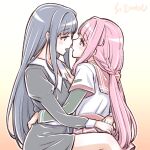  2girls age_difference artist_name blue_hair braid eye_contact hand_on_another&#039;s_chest hug imminent_kiss long_hair looking_at_another low_ponytail magia_record:_mahou_shoujo_madoka_magica_gaiden mahou_shoujo_madoka_magica multiple_girls nanami_yachiyo pink_hair studiozombie tamaki_iroha yuri 