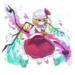 1girl 38_(sanjuuhachi) absurdres ascot bangs blonde_hair bow cropped_legs crystal fang flandre_scarlet frilled_shirt_collar frills hair_between_eyes hand_on_own_chest hat highres holding holding_weapon laevatein looking_at_viewer mob_cap one_side_up paint_splatter pointy_ears puffy_short_sleeves puffy_sleeves rainbow_order red_bow red_eyes red_skirt red_vest shirt short_hair short_sleeves side_ponytail sidelocks skirt skirt_set skull solo sparkle touhou vest weapon white_background white_shirt wings yellow_neckwear 