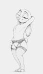  2021 anthro clothed clothing disney ears_down female full-length_portrait fur genitals hi_res judy_hopps lagomorph leporid lingerie mammal monochrome pivoted_ears portrait pussy rabbit s1m simple_background smile solo standing topless white_background zootopia 