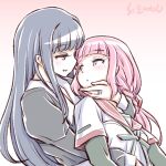  2girls arm_around_neck artist_name blue_hair blush eye_contact hand_on_another&#039;s_face long_hair looking_at_another magia_record:_mahou_shoujo_madoka_magica_gaiden mahou_shoujo_madoka_magica multiple_girls nanami_yachiyo pink_hair smile studiozombie tamaki_iroha upper_body 