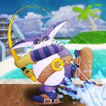 absurd_res anthro beach belly belt big_the_cat clothing dock fishing fishing_rod footwear fur greg_the_lion34 hi_res male overweight overweight_anthro overweight_male purple_body purple_fur sandals seaside solo sonic_adventure sonic_the_hedgehog_(series) striped_body striped_fur stripes water white_belly yellow_sclera 