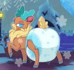  antlers cervid diaper female feral hi_res hooves horn looking_at_viewer mammal plant smile snow solo standing street_lamp tenerius them&#039;s_fightin&#039;_herds tree velvet_reindeer_(tfh) 