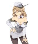  1girl black_legwear breasts brown_neckwear cleavage closed_mouth coat commentary cowboy_shot detached_collar grey_skirt hand_on_hip hand_on_own_thigh hat head_tilt houston_(kancolle) jacket kantai_collection large_breasts light_brown_eyes light_brown_hair long_sleeves looking_at_viewer medium_hair miniskirt nanashino neck_ribbon off_shoulder pantyhose peaked_cap pencil_skirt ribbon side_slit simple_background skirt smile solo standing tilted_headwear white_background white_coat white_headwear white_jacket wing_collar 