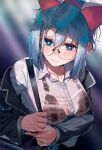  1girl aochoku bag bangs black_bra blue_eyes blue_hair blurry blurry_background blush bra breasts buttons cat_ear_hairband cleavage collar collarbone collared_shirt dress_shirt embarrassed formal furrowed_eyebrows glasses hairband highres jacket jacket_on_shoulders lingerie original round_eyewear see-through see-through_shirt shirt short_hair shoulder_bag suit suit_jacket underwear wet wet_clothes white_shirt 
