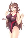  1girl ahoge black_swimsuit brown_hair competition_swimsuit cowboy_shot dated double_bun hairband highleg highleg_swimsuit highres kantai_collection kongou_(kancolle) long_hair looking_at_viewer montemasa one-piece_swimsuit purple_eyes simple_background solo swimsuit twitter_username white_background white_hairband 