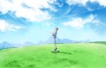 1boy black_footwear blue_jacket blue_sky cloud commentary_request day ensemble_stars! grass grey_pants hands_up jacket male_focus mountainous_horizon orange_hair outdoors pants scenery short_hair sky sleeves_rolled_up solo standing tiptoes tokopent tsukinaga_leo wide_shot 