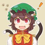  ! 1girl :3 :d absurdres animal_ears beige_background bow bowtie brown_hair cat_ears cat_tail chen commentary_request dress eyebrows_visible_through_hair fang gold_trim hat highres jewelry looking_at_viewer mob_cap multiple_tails nekomata open_mouth outline paw_print red_dress red_eyes short_hair simple_background single_earring smile smith.s solo tail touhou two_tails upper_body white_outline yellow_neckwear 