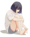  1girl artist_name barefoot black_hair bob_cut hair_over_eyes mattaku_mousuke on_ground original shirt short_hair shorts sitting solo t-shirt watermark white_background 