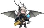  1girl alternate_color alternate_costume anankos barefoot black_clothes black_tail blue_cape cape chibi corrin_(fire_emblem) corrin_(fire_emblem)_(female) corruption crystal dark_persona dragon dragon_girl dragon_horns dragon_tail evil fire_emblem fire_emblem_fates fire_emblem_heroes gloves grey_wings holding holding_sword holding_weapon horns long_hair lowres open_mouth peevthesheev possessed red_eyes silver_hair sword tail transparent_background weapon wings 
