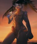  2021 anthro balls beach digital_media_(artwork) dragon erection fur furred_dragon genitals hi_res holding_object horn humanoid_genitalia humanoid_penis jek_(character) male markings nude orange_markings outside pecs penis seaside solo standing sunset unknowhiter water wet 