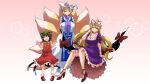  3girls animal_ear_fluff animal_ears blonde_hair bobby_socks bow bowtie breasts brown_hair cat_ears cat_tail chen claw_pose cleavage closed_eyes commentary_request dress flat_chest fox_ears fox_tail frills full_body gao hand_up hands_up hat large_breasts long_hair looking_at_viewer mob_cap multiple_girls multiple_tails nekomata pillow_hat pink_background purple_dress purple_eyes red_dress short_hair shundou_heishirou simple_background sitting socks standing tabard tail touhou two_tails very_long_hair white_dress yakumo_ran yakumo_yukari yellow_bow yellow_eyes yellow_neckwear 
